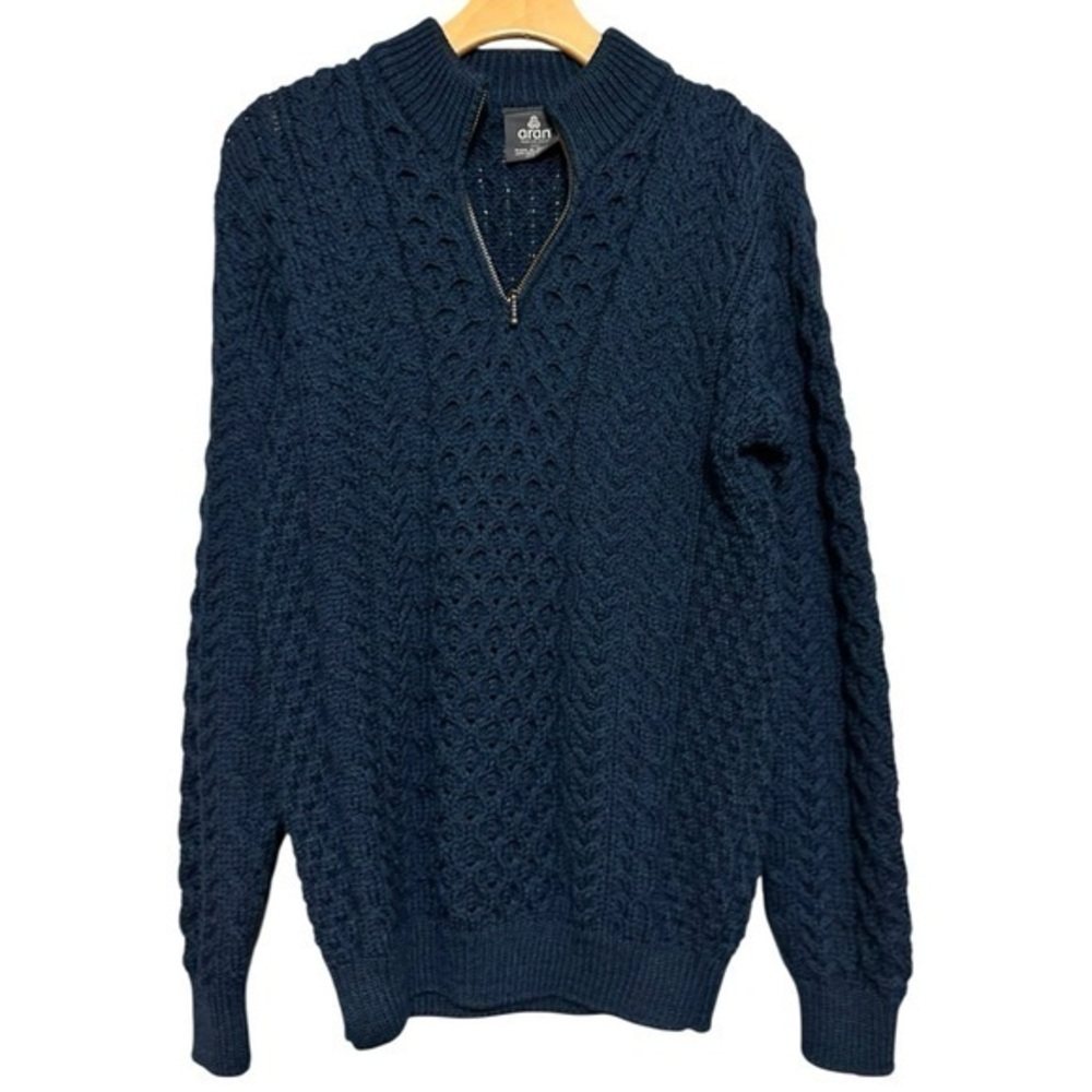 Aran Woolen Mills Men’s Size S Navy Blue Cable Knit Merino Wool 1/4 Zip Sweater